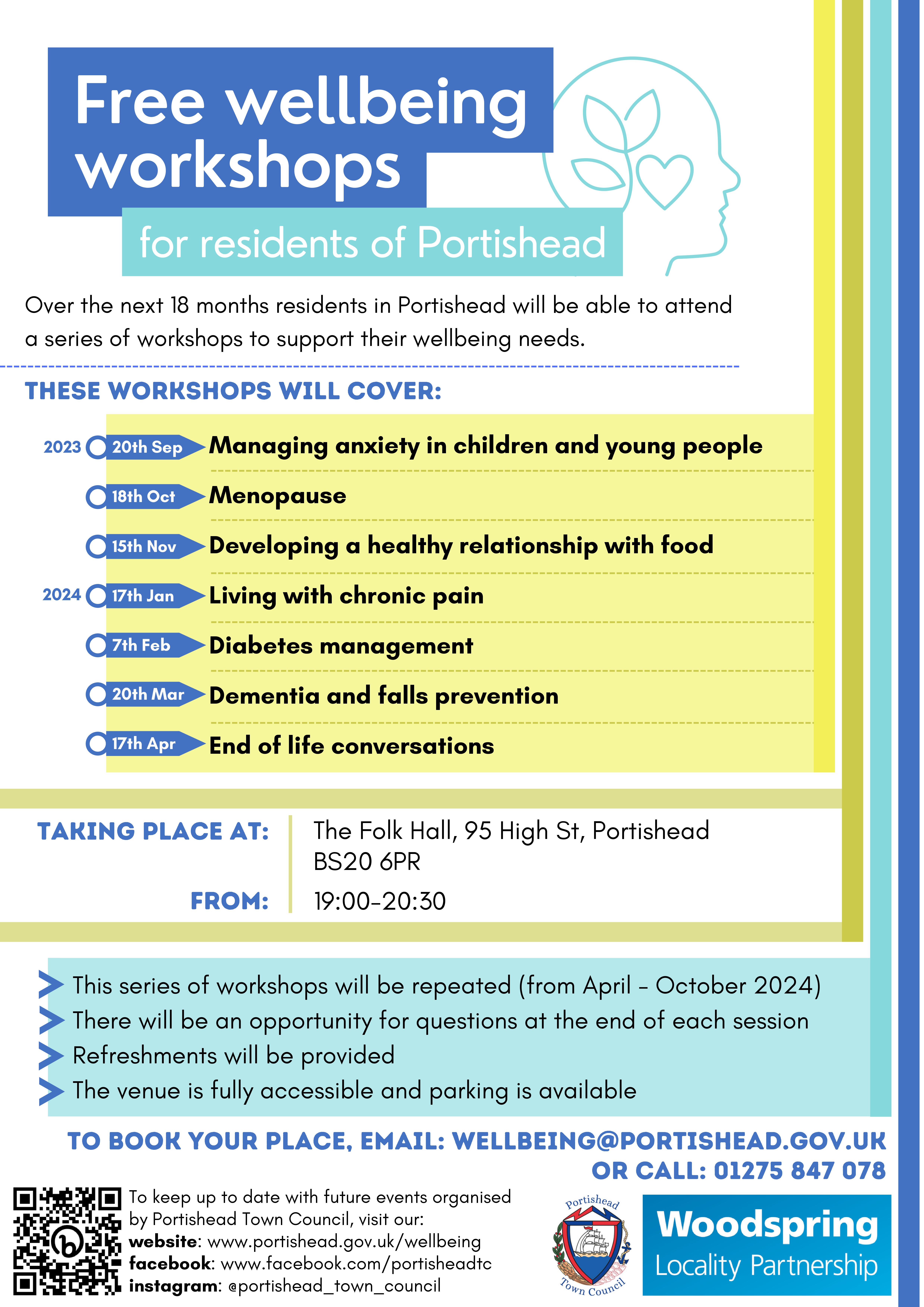Information poster about free wellbeing workshops for residents of Portishead.