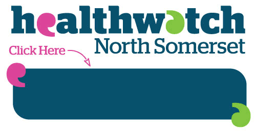 Healthwatch North Somerset logo. Pink text and a pink arrow directs to white text on a blue background which reads: 'Share Your Views'