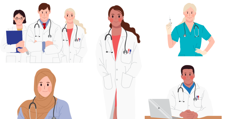 Colourful graphics of a variety of healthcare professionals.