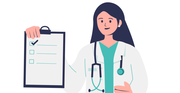 Illustration of a doctor wearing a stethoscope, holding a clipboard with a checklist on it.