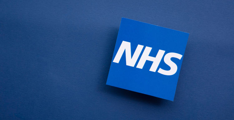 NHS logo on blue background.