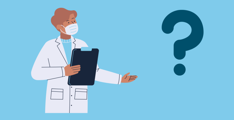Graphic of a question mark and a doctor holding a clipboard