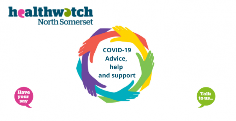 Healthwatch North Somerset logo and a circle of multicoloured hands. The text reads COVID-19 Advice, help and support 