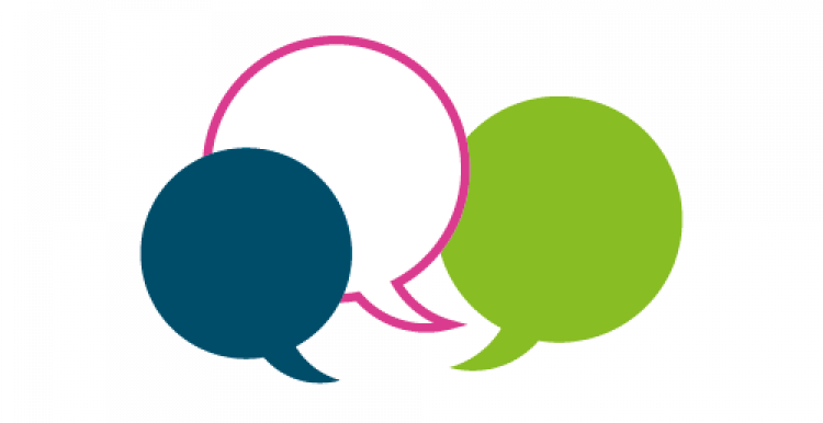 Three different coloured speech bubbles