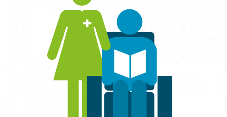 Graphic of a man sitting reading a book and a woman stood next to him