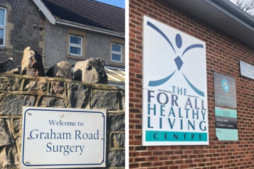 Graham Road Surgery sign outside the surgery and For All Healthy Living Centre sign