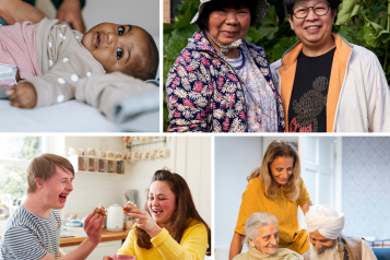 Collage of four images: a young Black baby lying on a bed with a mother in the background; two older Asian smiling women in a garden; a young man with a learning disability having tea and cake; two older Sikh parents looking at a laptop.