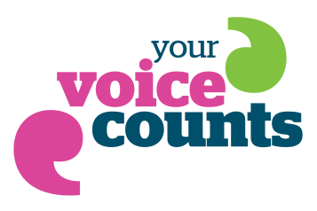 Blue and pink text reads 'your voice counts' with pink and green quote marks