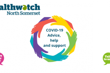 Healthwatch North Somerset logo and a circle of multicoloured hands. The text reads COVID-19 Advice, help and support 