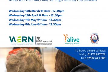 Poster. Text reads: 'Join us at Tea and Tech. Free digital/tech advice. Connect with others over tea and cake. Meet at The Folk Hall, 95 High Street, Portishead. Wednesday 16th March, 13th April, 11th May, 8th June, all 11am - 12:30pm