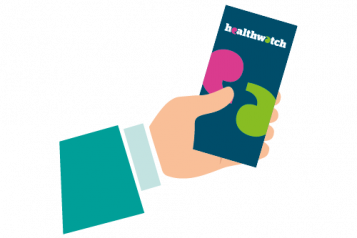 Healthwatch character hand holding a mobile phone