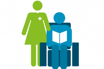 Graphic of a man sitting reading a book and a woman stood next to him